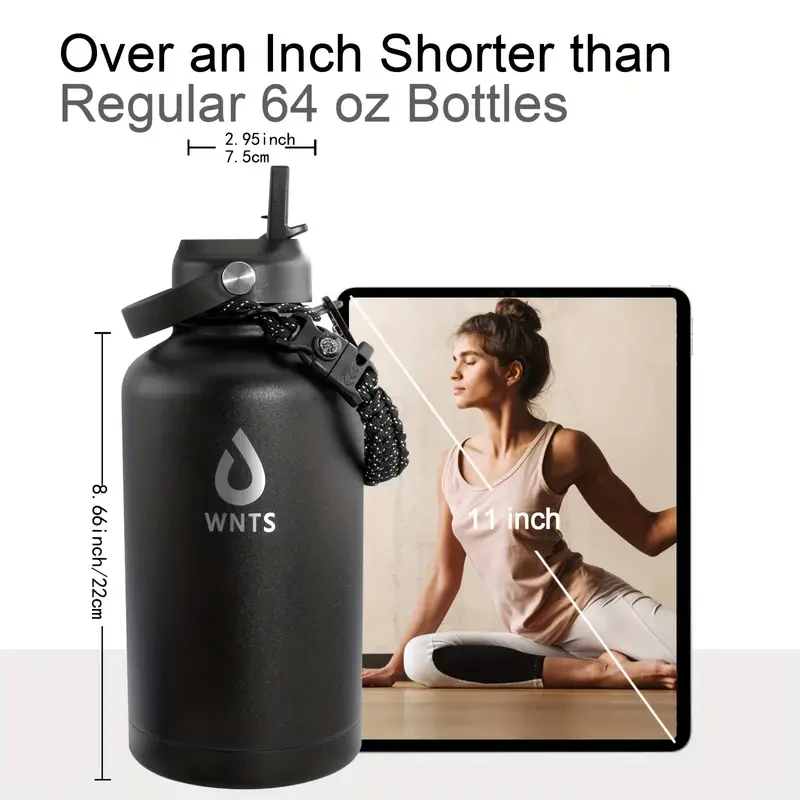 Insulated Stainless Steel Water Bottle with Straw and Brush - 40oz/60oz, Double Wall, 2 Lids, with Carrying Pouch and Loop