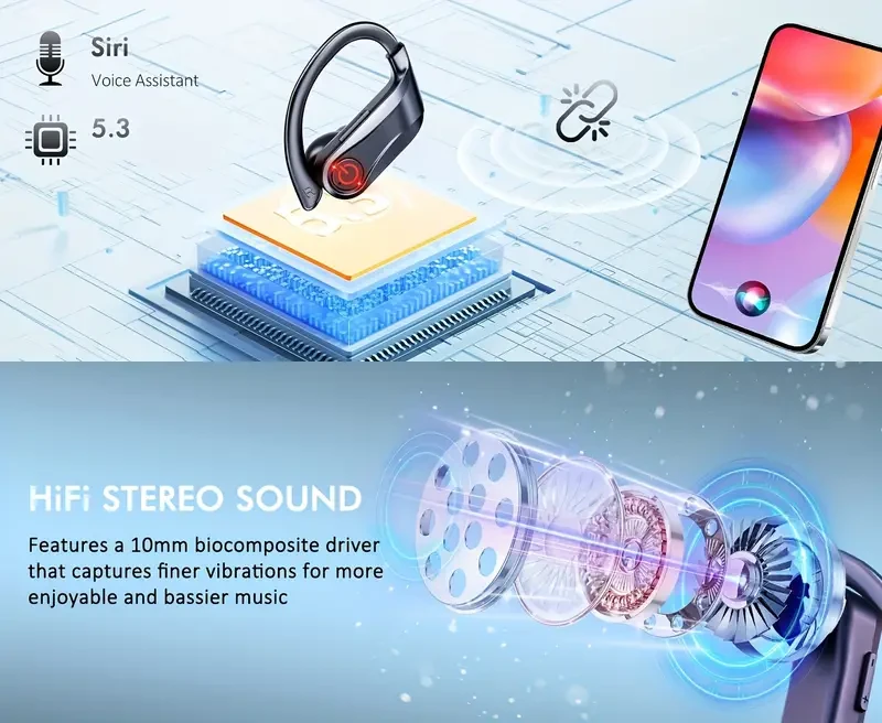 120H Long-Lasting Wireless Sports Headphones - Earbud Headphones with BT5.3, Hi-fi Stereo, ENC HD Talking, LED Power Display - Black Color Option