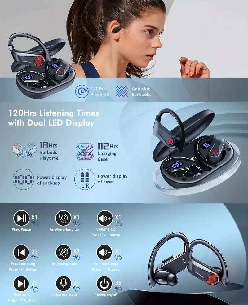 120H Long-Lasting Wireless Sports Headphones - Earbud Headphones with BT5.3, Hi-fi Stereo, ENC HD Talking, LED Power Display - Black Color Option