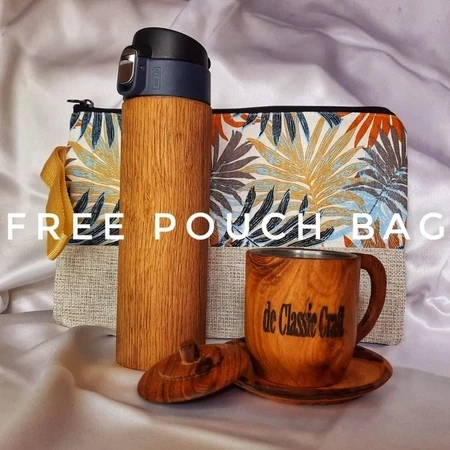 Aesthetic thermos and cup set made of teak wood coated with stainless steel