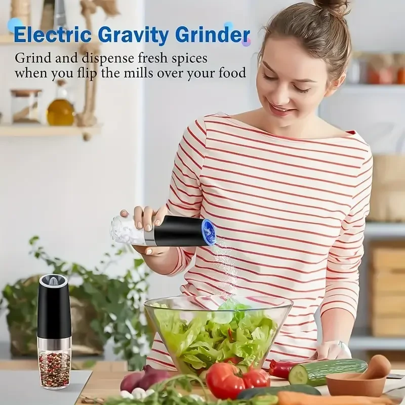 2pcs Electric Pepper and Salt Grinder Set, Adjustable Coarseness, Gravity Feed, Battery Operated with LED Light, Stainless Steel, Food Contact Safe, Requires 3 AA Batteries (Not Included)