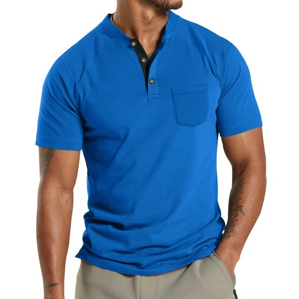 Solid Henley Collar Breast Pocket Short Sleeve T-Shirt