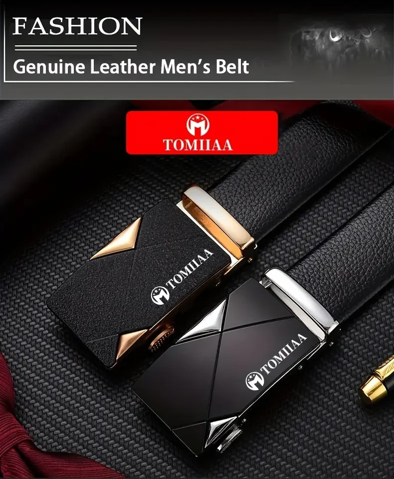 2pcs/Set TOMIIAA Gift Set Men's Genuine Leather Belt Business Casual Automatic Buckle Men's Belt & High Quality Men's Wallet