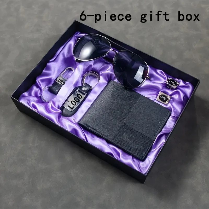 1set Elegant Men'S Gift Set - Customizable Logo Business Gift Box with Faux Leather Wallet, Glasses, Keychain - Ideal for Valentine'S Day
