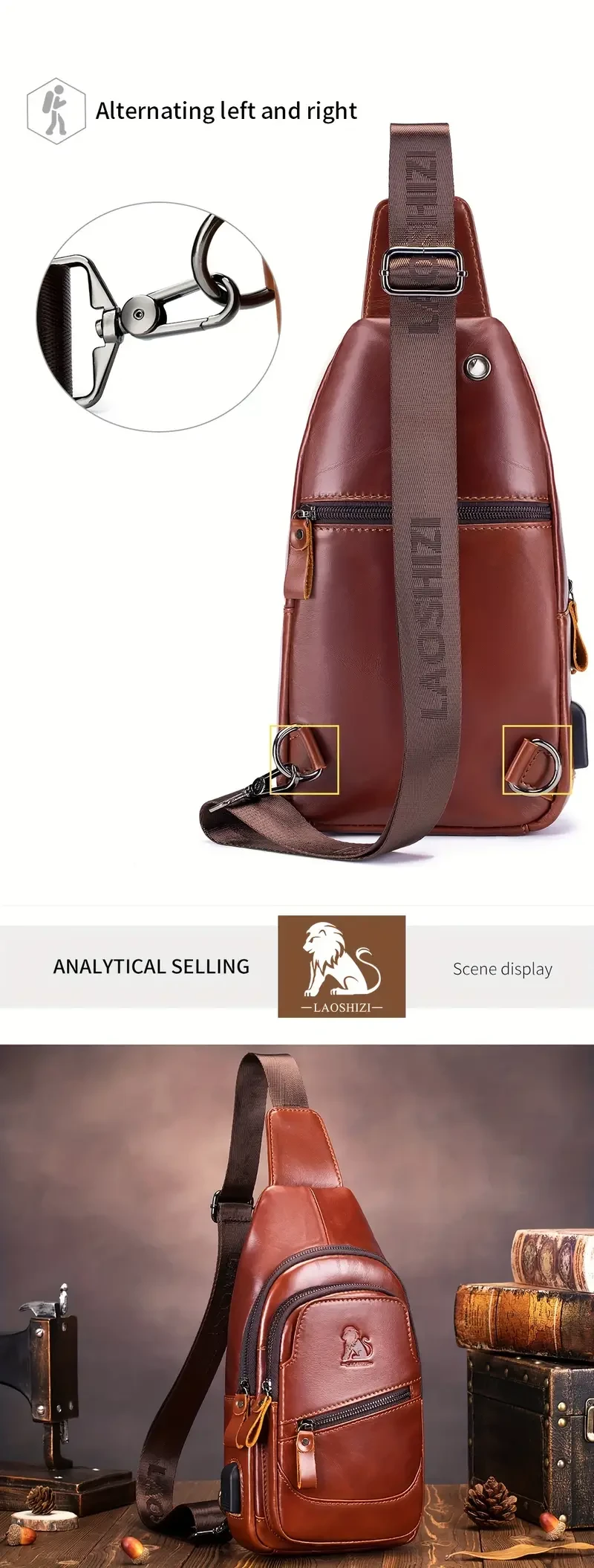 Men's Premium Genuine Leather Sling Bag with USB Charging Port - Adjustable Strap, Multi-Pocket Crossbody Chest Pack for Outdoor Adventures