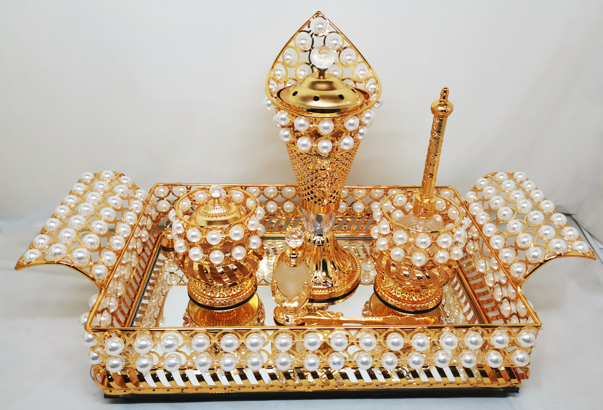 Gold Design Vanity Set: Candle Holder, Jewelry Box, Perfume Bottle, and Mirror Tray