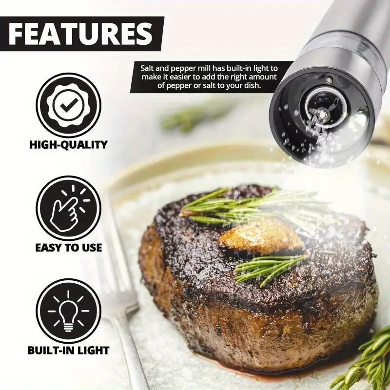 Electric Salt and Pepper Grinder Set - Battery Operated Stainless Steel Mill with Light