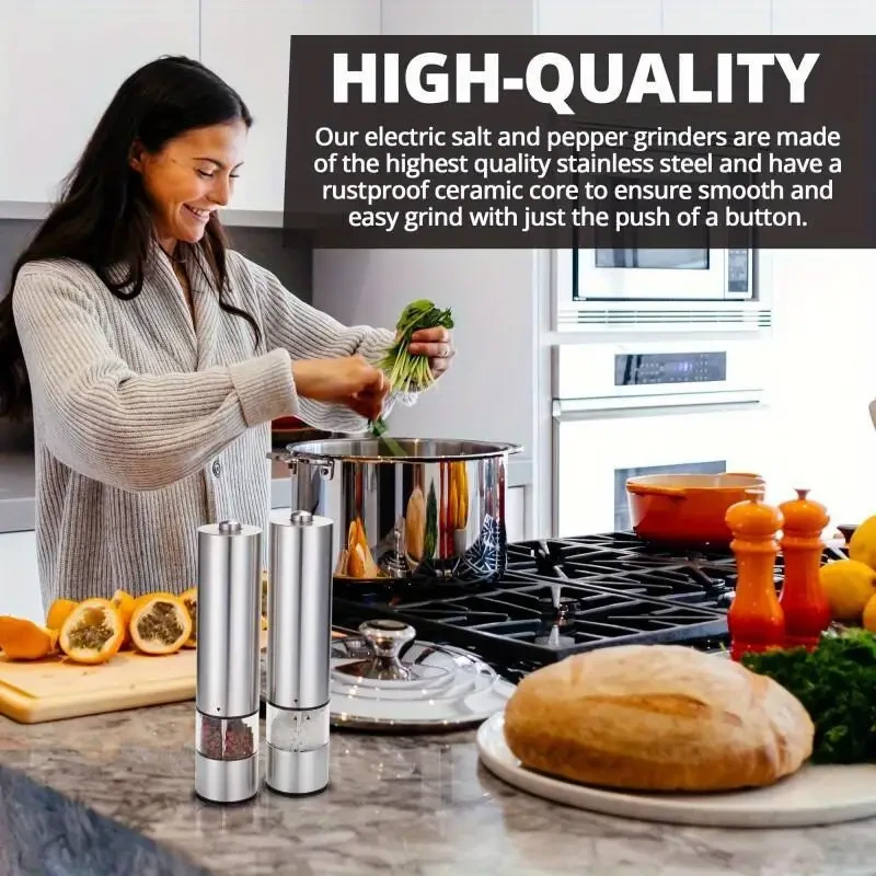 Electric Salt and Pepper Grinder Set - Battery Operated Stainless Steel Mill with Light