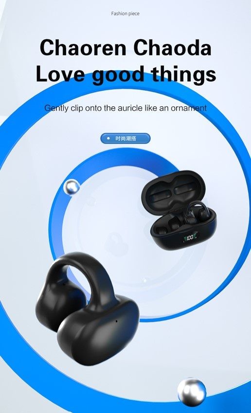 Ear Clip Earphone. HiFi Sound, Bluetooth, Black