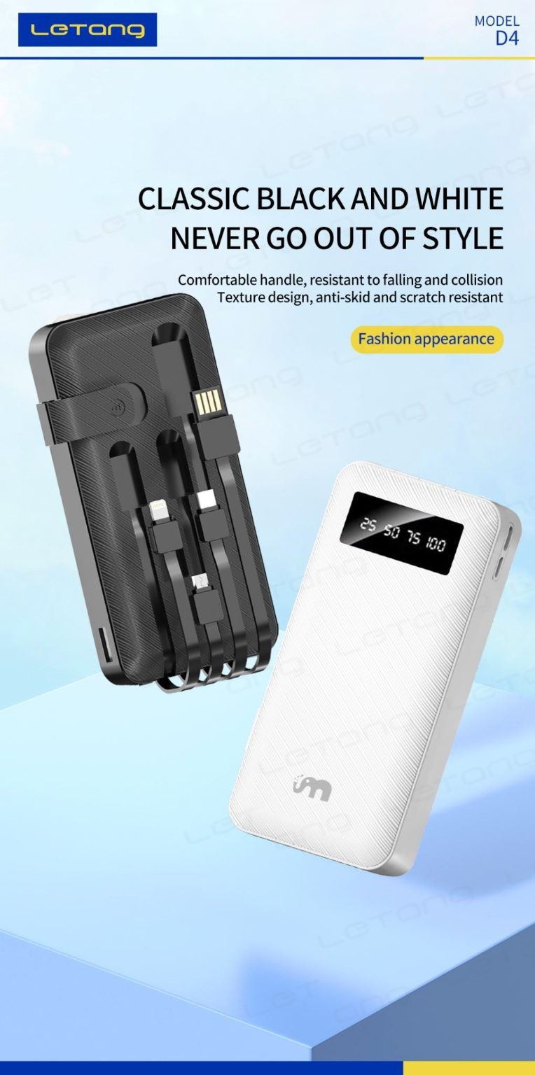 Power Bank, 20000mAh, build in 4 wire, White