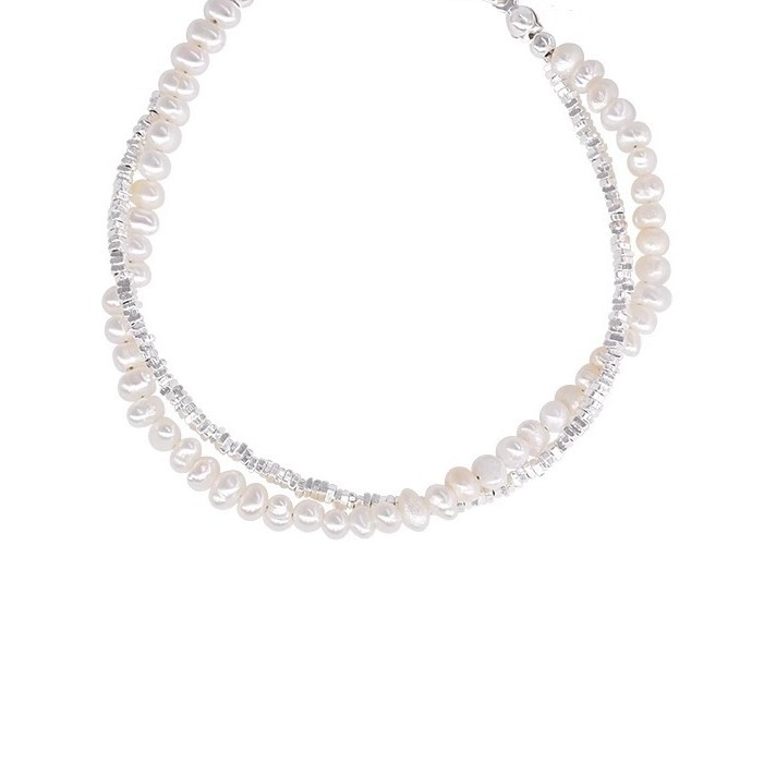S925 Sterling Silver Natural Baroque Pearl Small Pieces Of Silver Double-layer Bracelet