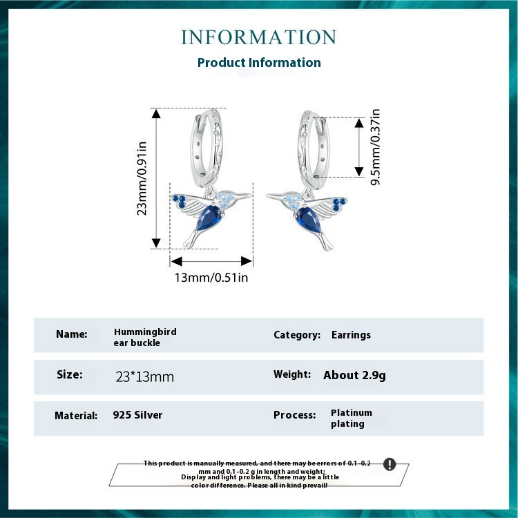 Women's S925 Sterling Silver All-match Small Hummingbird Earrings