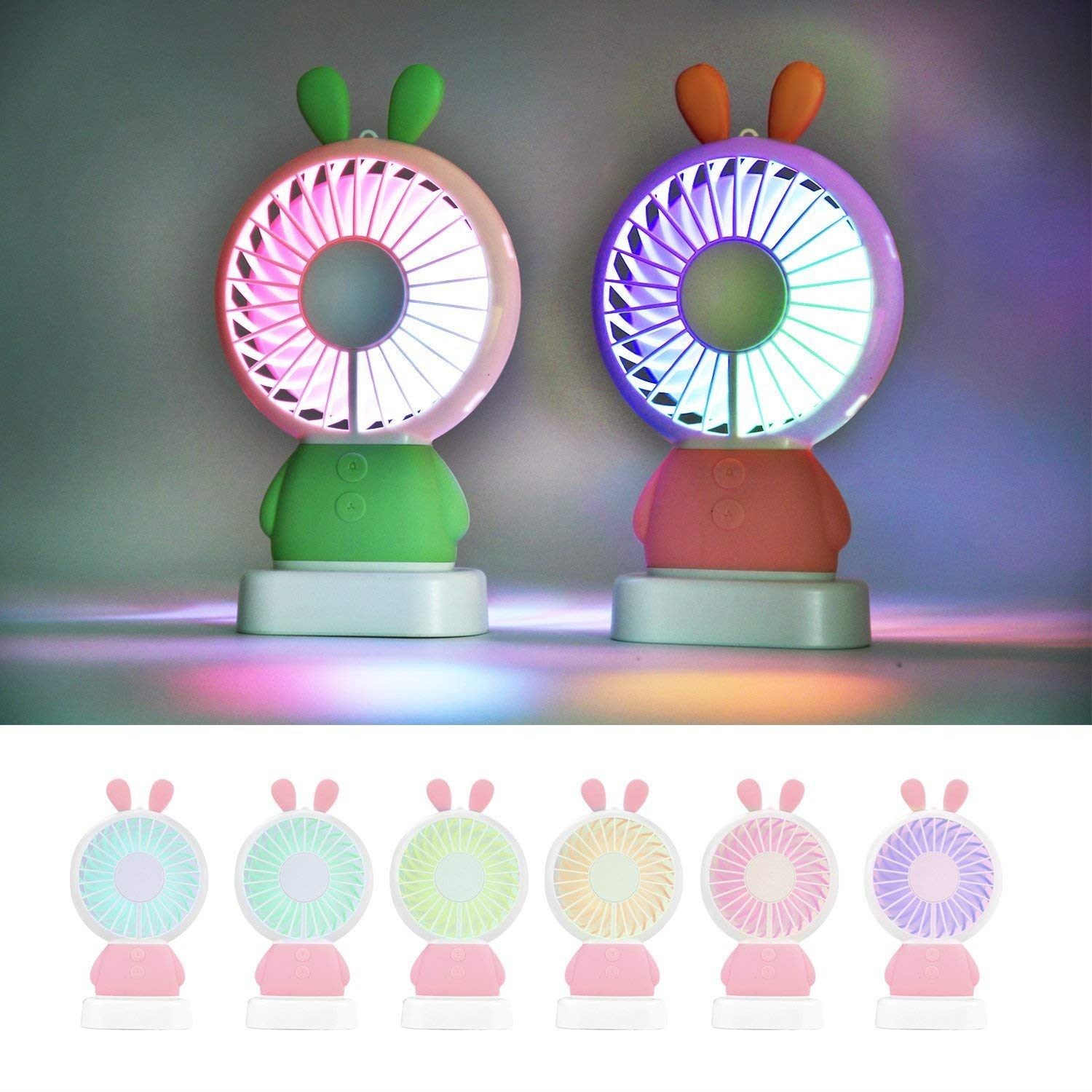 Handheld Fan, Rechargeable Multi-color LED, Pink Rabbit, Gift for Kids