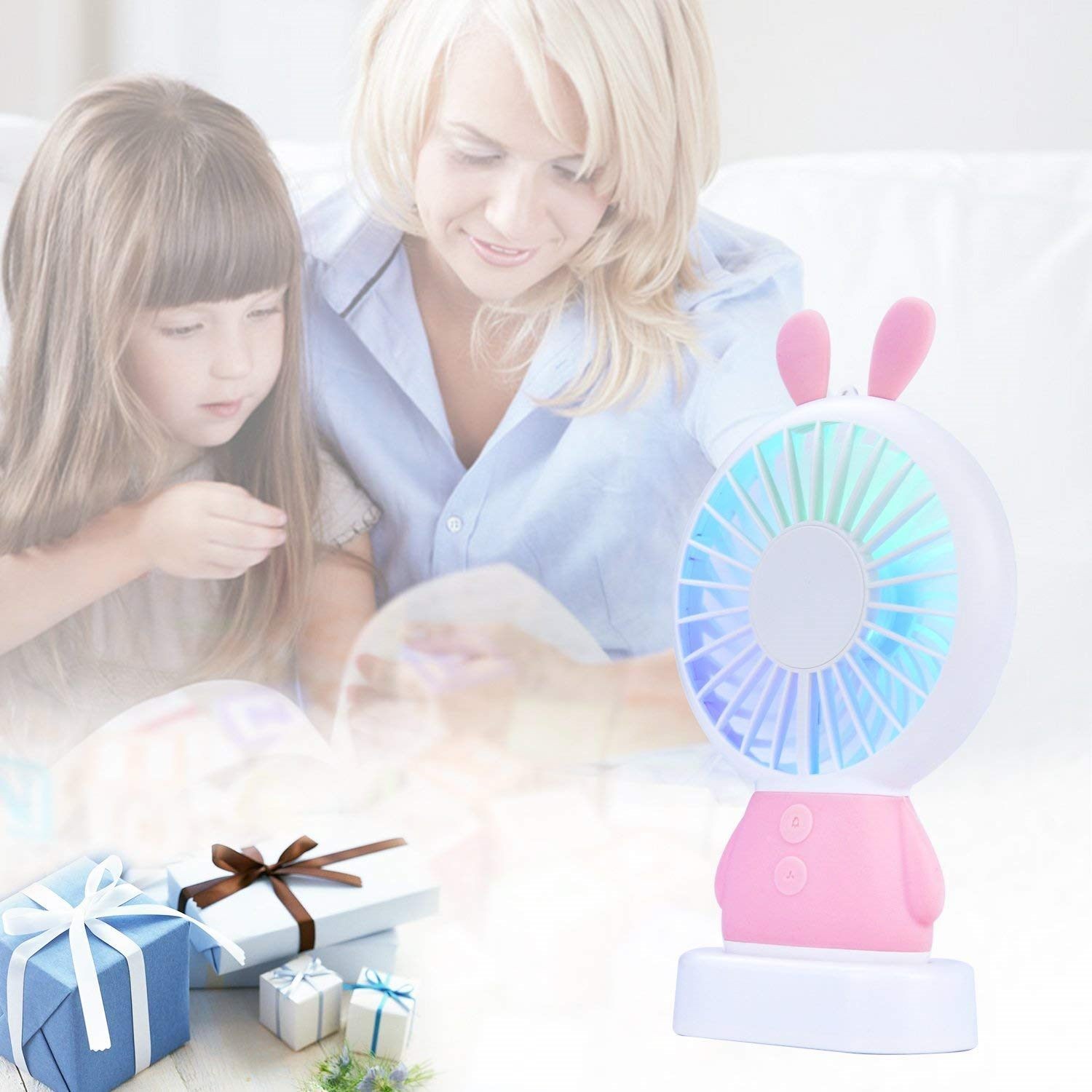 Handheld Fan, Rechargeable Multi-color LED, Pink Rabbit, Gift for Kids