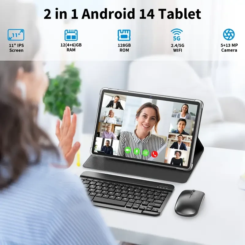 YOBANSE 2024 Android 14 Tablet 11-inch IPS LED Display, 2-in-1 with Keyboard, Stylus & Mouse, 12GB RAM (4GB+8GB Expand) 128GB ROM, Dual Camera 5MP+13MP, Wi-Fi 2.4G/5G, Rockchip CPU & Mali-G57 GPU, 1280x800 Screen Resolution, USB-C Charging, Fast Charge Su