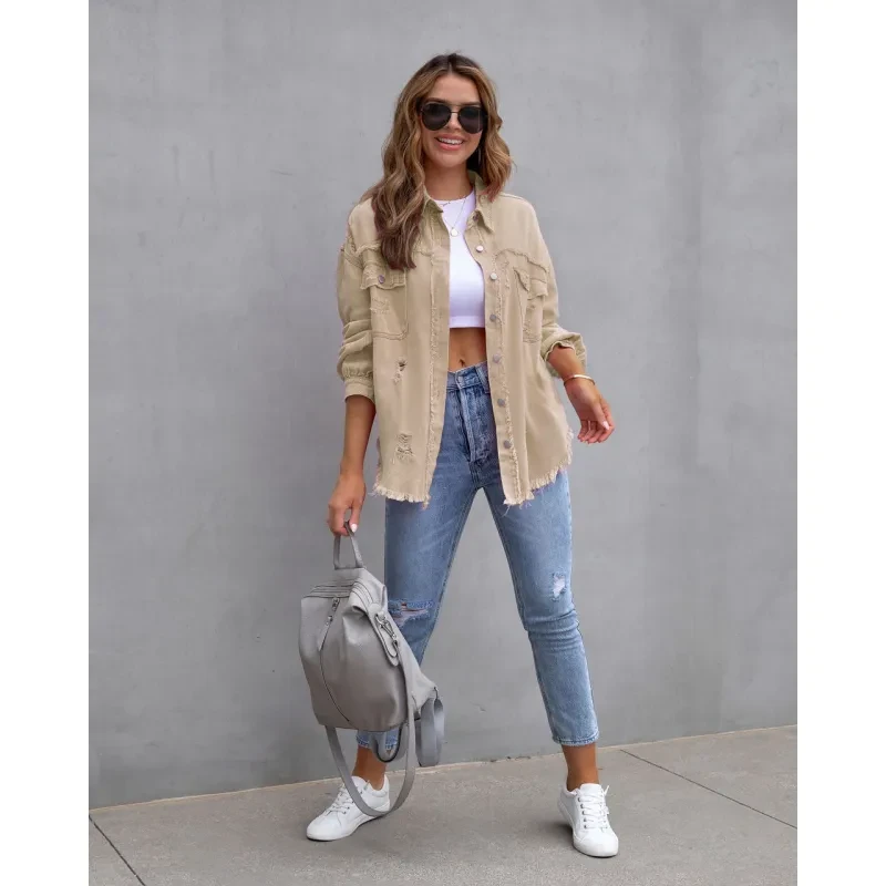 Women's Casual Ripped Shirt Jacket