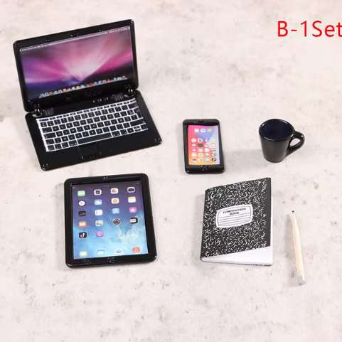 1:12 Dollhouse Miniature Laptop Phone Tablet Desk Lamp Pencil Book Cup Desk Set Model Home Decor Toy Doll House Accessories
