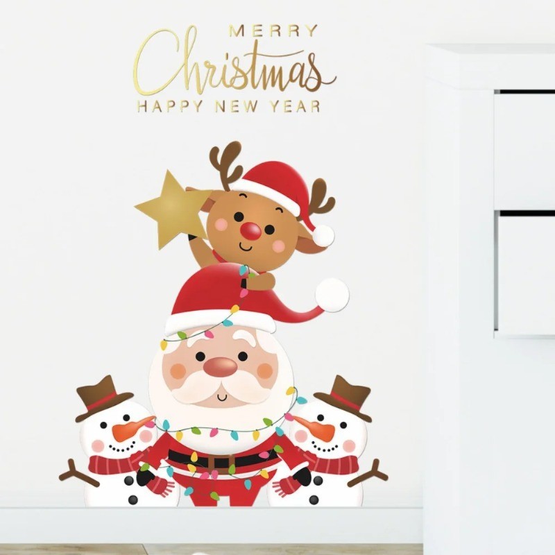 Cartoon Santa Claus, Elk, and Snowman Door & Window Stickers