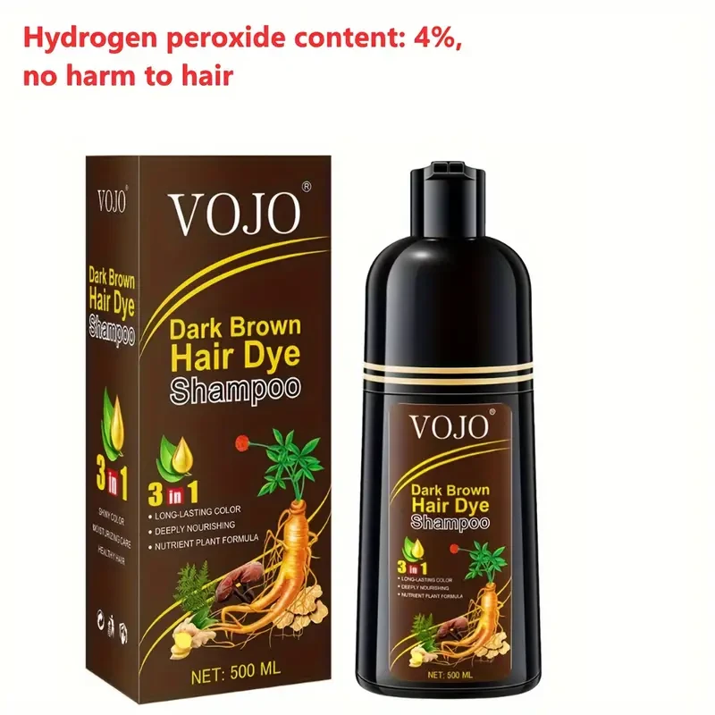 VOJO Natural Ginseng 3 in 1 Hair Dye Shampoo, 500ml, Long-Lasting Color, Black & Dark Brown, Nourishing Formula for Men & Women