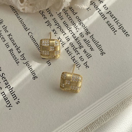 Sterling Silver Geometric Squares Finely Inlaid Stud Earrings Women