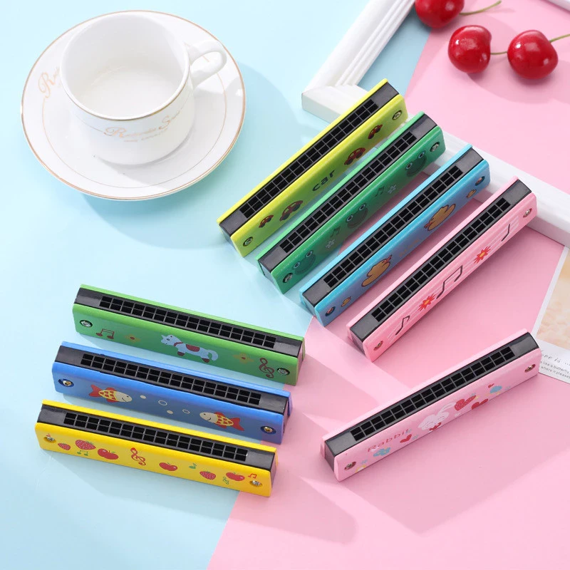 16 Holes Children Harmonica Wooden Double Row Blowable Harmonica Cute Cartoon Pattern Beginner Kids Musical Educational Toys