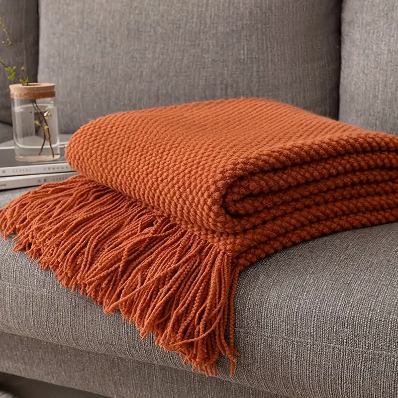 Morandi Orange Tassel Knitted Blanket
