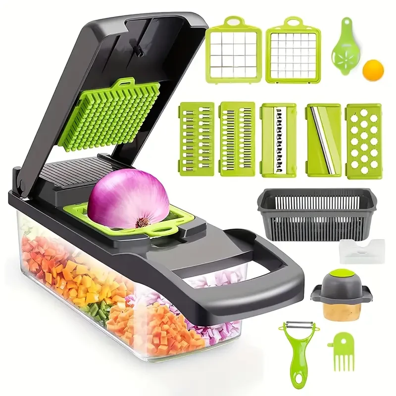 1pc 16-in-1 Multifunctional Plastic Manual Food Slicer Dicer with Interchangeable Blades, Hand Protector, and Drain Basket for Onions, Carrots, Garlic - Uncharged Kitchen Cutter