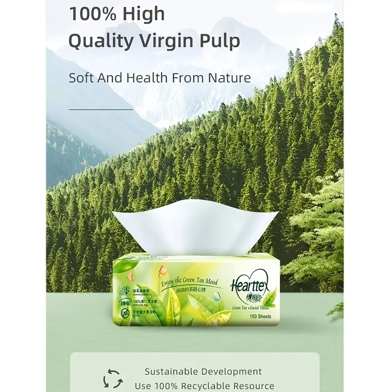 15 Bags Soft Facial Tissue, 2 Ply, big size, Green Tea Scent, 100% Virgin Pulp, NO OBA, Strong And Soft, Streamed Treated. High Quality