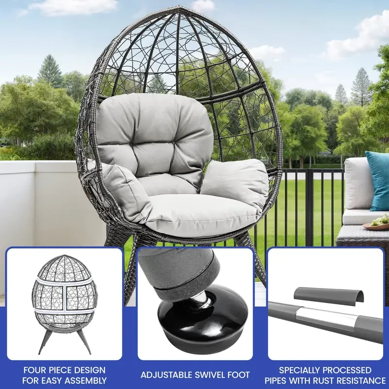 Egg Chair with Stand - Rattan Wicker Outdoor/Indoor Lounger with Cushion, 330lbs Capacity