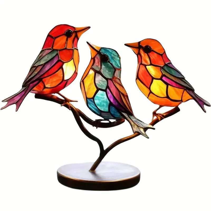 Metal Colorful Bird Tree Branch Ornament - Lifelike Hummingbird Sculpture for Desktop or Bedroom