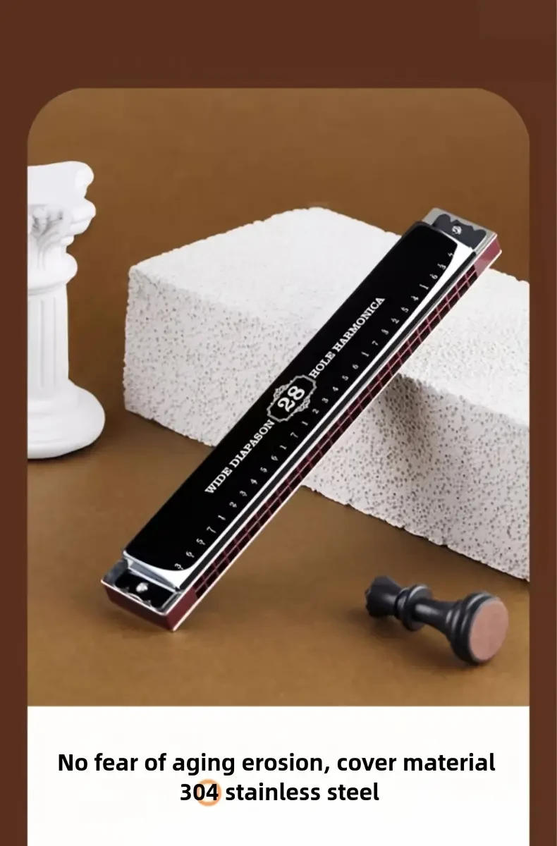 Professional 28-Hole Double Row Harmonica with Brass Reeds - Polished Metal Finish, Includes Case - Ideal for Musicians and Students