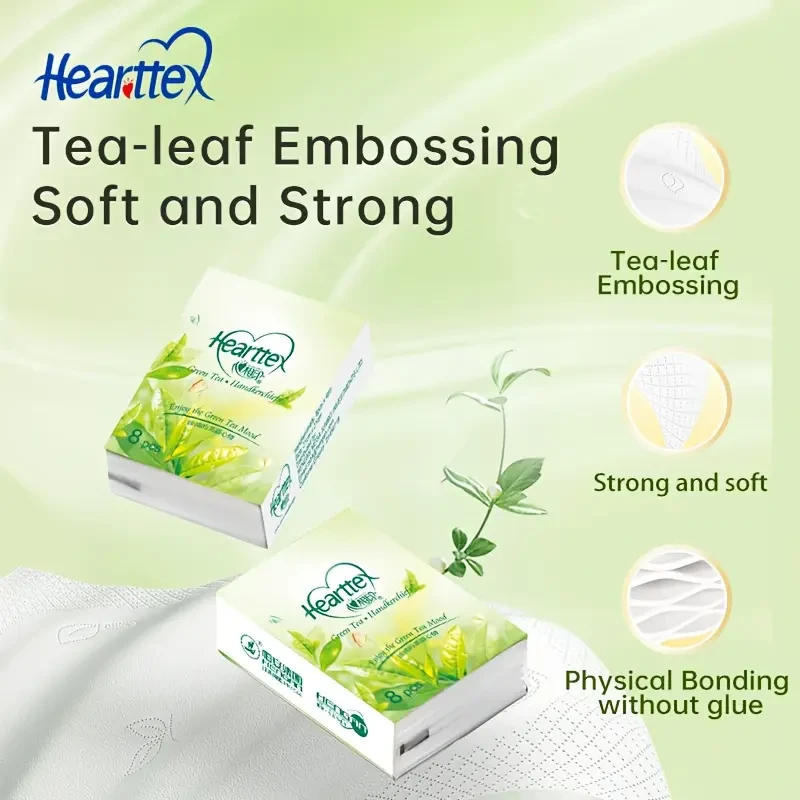 Hearttex Premium 4 Ply Pocket Tissue, Green Tea Scent, 8pcs/bag, 10 Bags/pack. Big Size Mm*mm, Super Strong And Soft, High Quality, 100% Virgin Pulp, High Temperature Treatment, No OBA