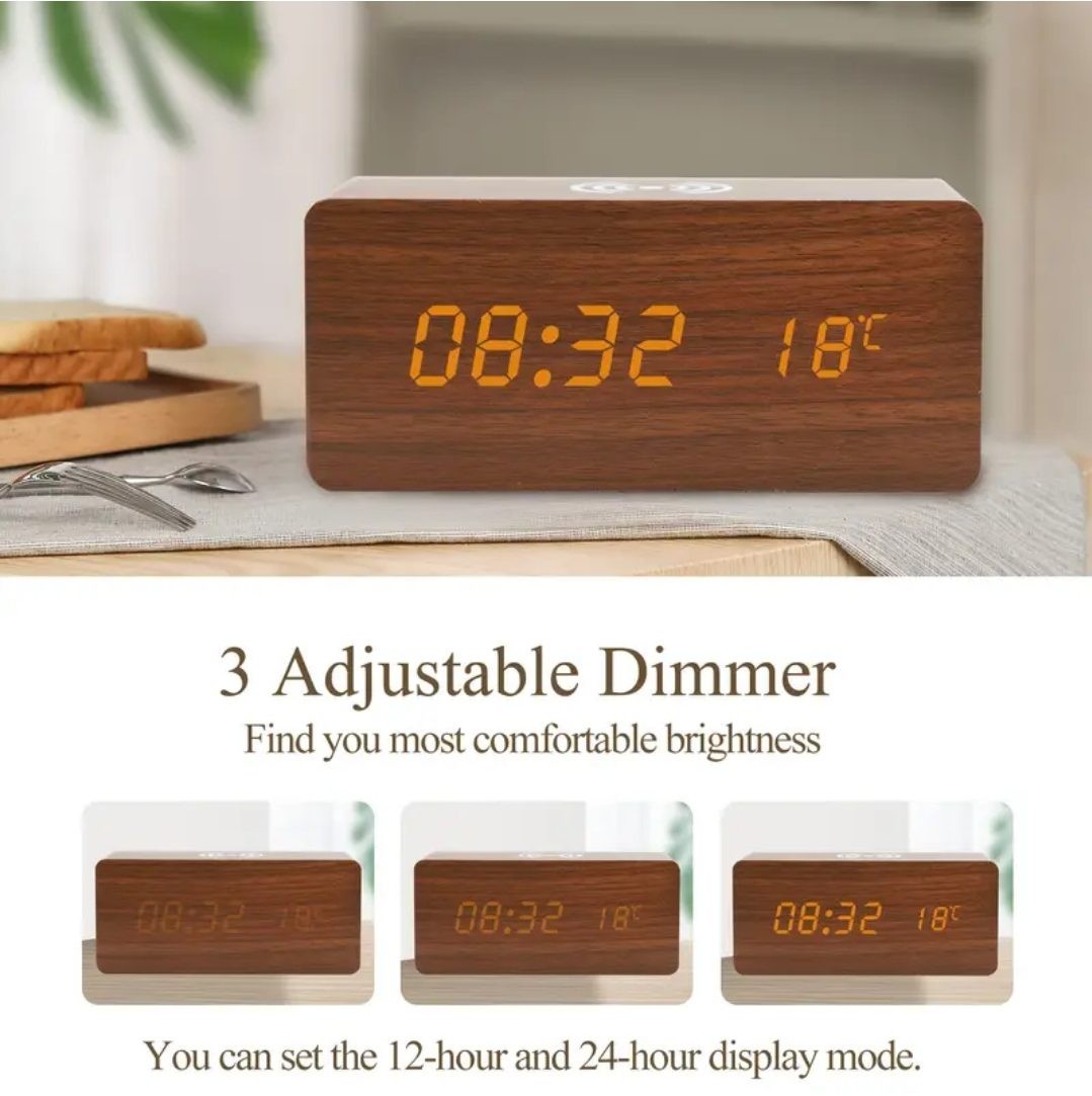 AWESOME WOODGRAIN ALARM CLOCK WITH WIRELESS CHARGER AT TOP , USB POWERED