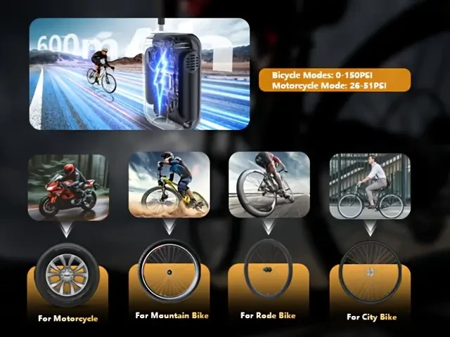 Automatic USB Rechargeable Bike Pump, Portable Mini 150 PSI Air Pump with Digital LCD Gauge, Type-C Charging, Compact Design, for Bikes, Motorcycle, and Sports Equipment