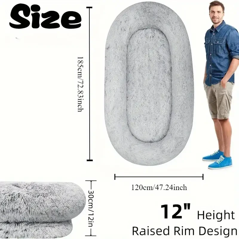 Human Dog Bed - Washable Faux Fur Orthopedic Bed for People and Pets with Plump Pillow and Blanket