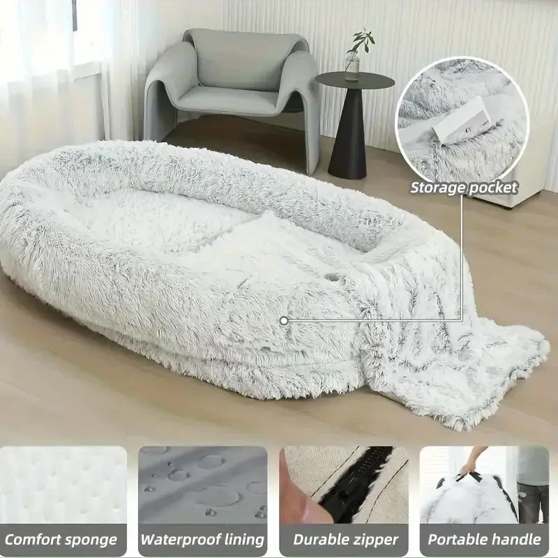 Human Dog Bed - Washable Faux Fur Orthopedic Bed for People and Pets with Plump Pillow and Blanket