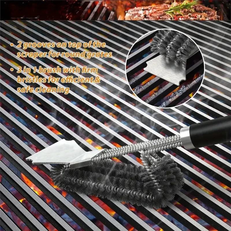 TFS 3-in-1 BBQ Grill Brush and Scraper - Stainless Steel, Triple-Layer Wire Bristles for Efficient Cleaning - Essential Outdoor Cooking Accessory