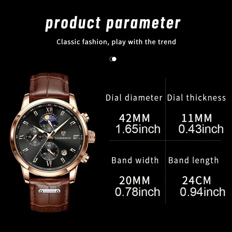 LIGE Men's Watch with Leather Strap - Outdoor Sports Waterproof Chronograph with Luminous Calendar