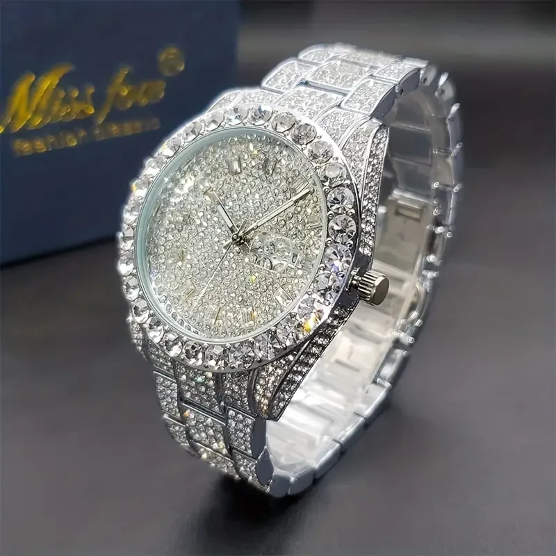 Men's Faux Diamond Quartz Watch - Hip Hop Rock Fashion Calendar Watch