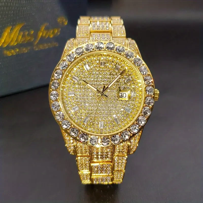 Men's Faux Diamond Quartz Watch - Hip Hop Rock Fashion Calendar Watch