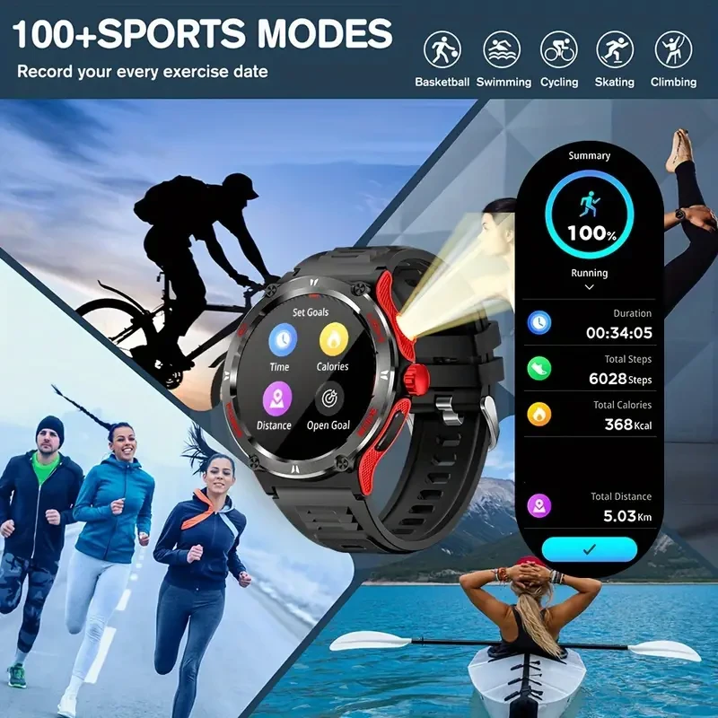 Smart Watch for Men with LED Flashlight - 1.53" Music Player, Pedometer, 100+ Sports Modes, Fitness Tracker, Sleep Monitor, Compass, Compatible with iPhone and Android