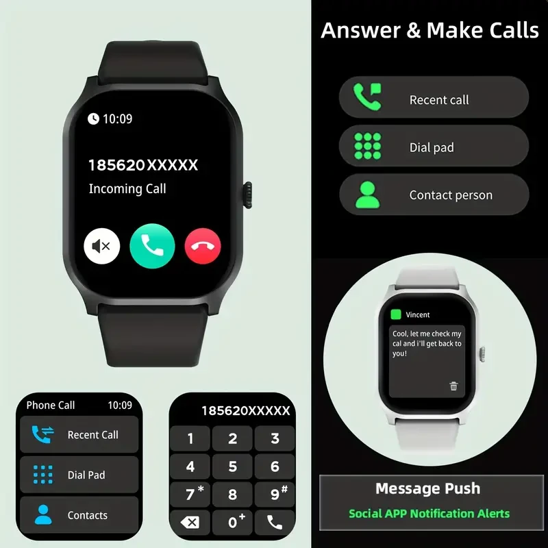 Smart Watch with 2.01 Inch Square Screen - Answer & Make Calls, Message Push, 100+ Sports Modes, Fitness Tracker, Pedometer, Music Control, Outdoor Smartwatch for Android and iOS