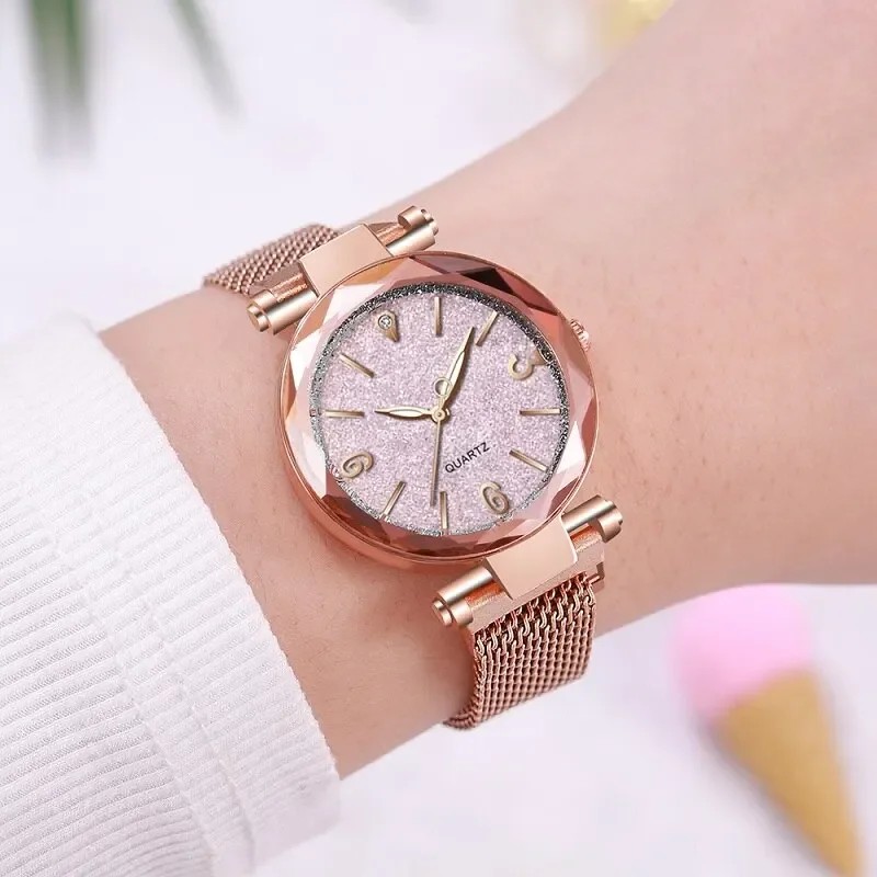 Simple Rose Gold Mesh Belt Magnetic Quartz Wrist Watch