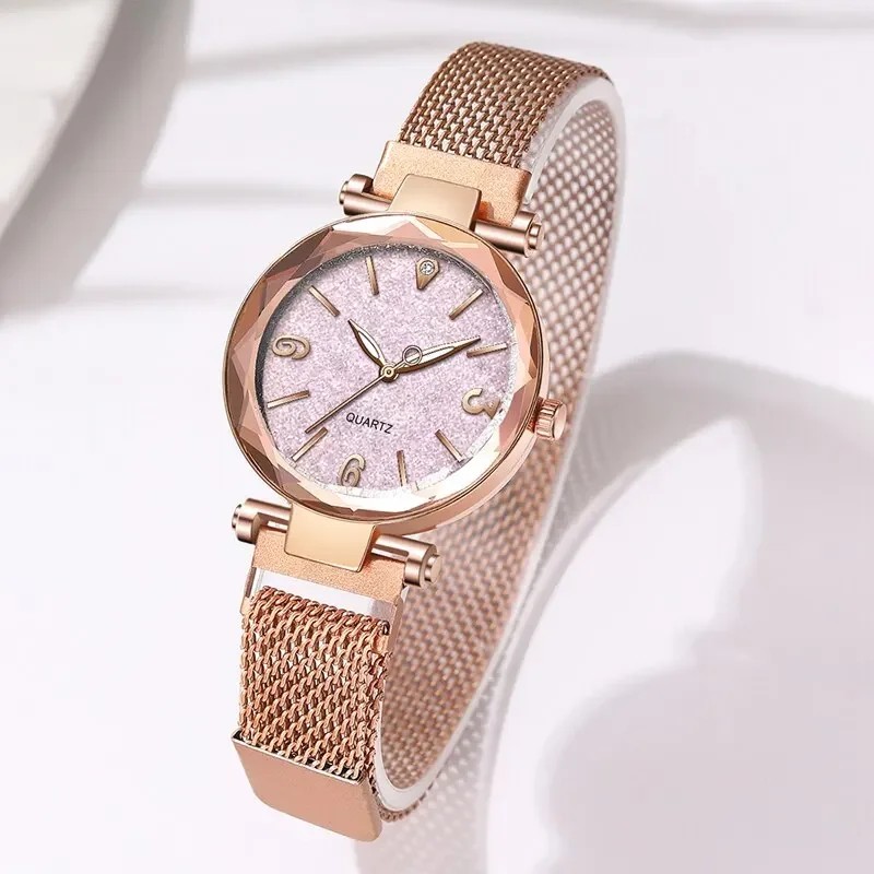 Simple Rose Gold Mesh Belt Magnetic Quartz Wrist Watch