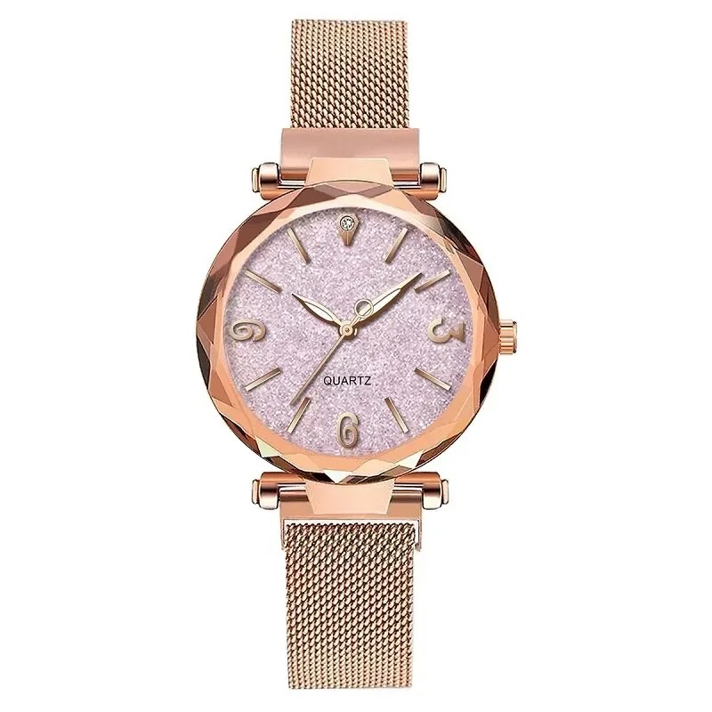 Simple Rose Gold Mesh Belt Magnetic Quartz Wrist Watch