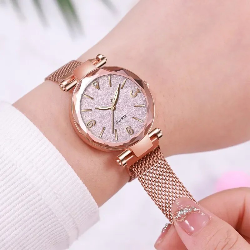 Simple Rose Gold Mesh Belt Magnetic Quartz Wrist Watch