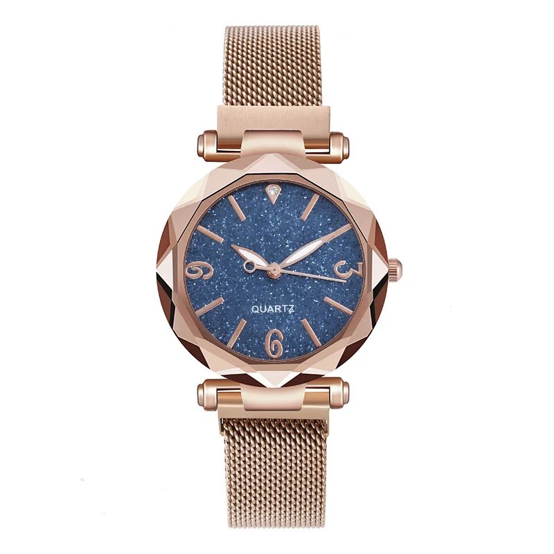 Simple Rose Gold Mesh Belt Magnetic Quartz Wrist Watch