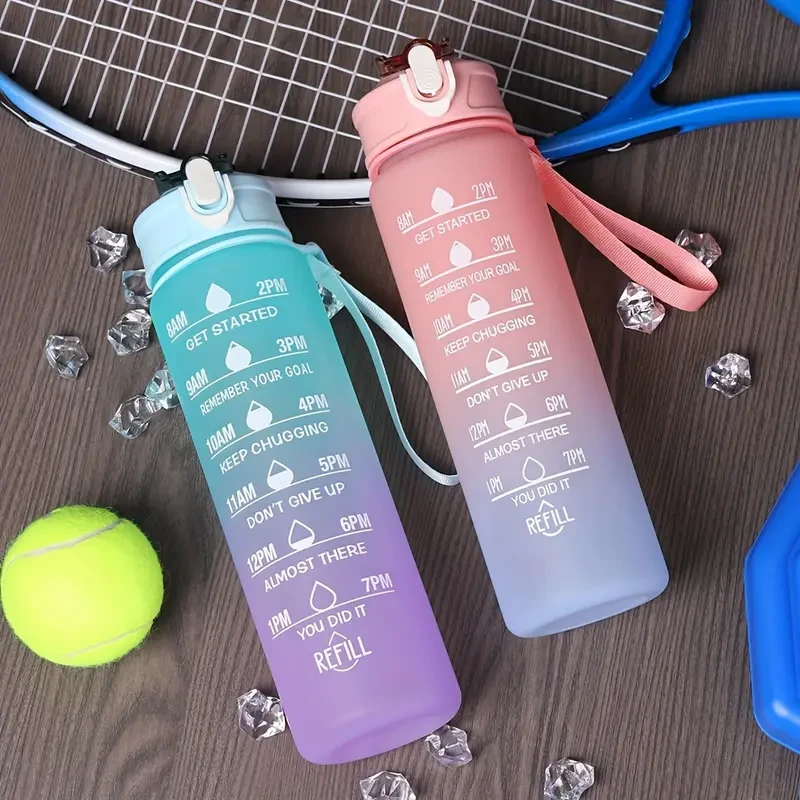 Gradient Color Motivational Water Bottle - Time Marker, Leakproof Design with Fun Stickers