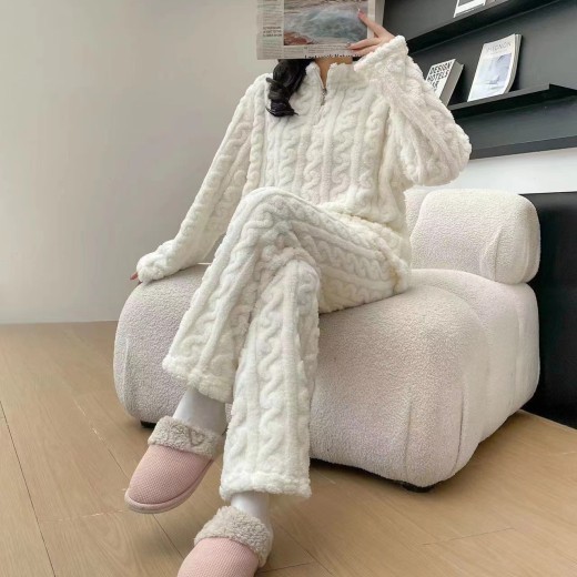 Autumn And Winter New Twist Zipper Couple Fleece-lined Thick Coral Fleece Pajamas Homewear Loungewear Sleepwear For Sleeping