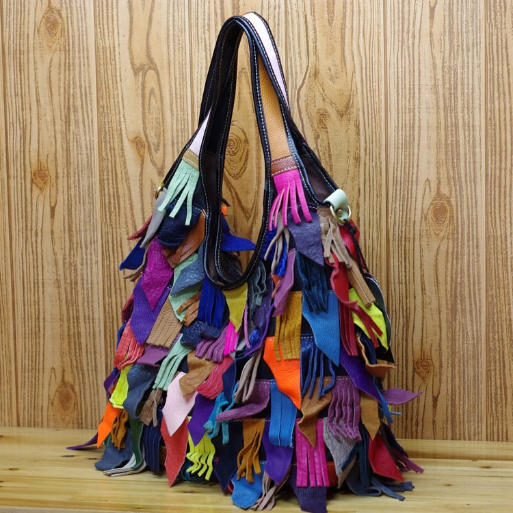 Colored Top Layer Cowhide Tassel Shoulder Bag